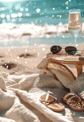 A serene beach picnic setup with a champagne glass, sunglasses and sandals evoking relaxation
