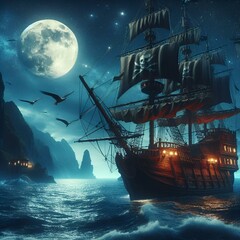 a pirate ship sailing through a large body of water at night