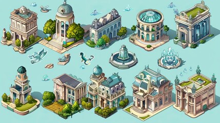 Isometric building set for design. There are additional comparable illustrations available. combined to create a city. 