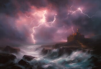 a castle is seen through the storm on the water with its lightning bolt - obrazy, fototapety, plakaty