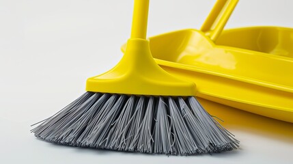 Kit of the yellow plastic broom with gray bristles for sweeping floors and dustpan on a white background, working parts close-up - obrazy, fototapety, plakaty