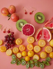 AI generated illustration of amazing fruits, including oranges, kiwi, bananas, and apples
