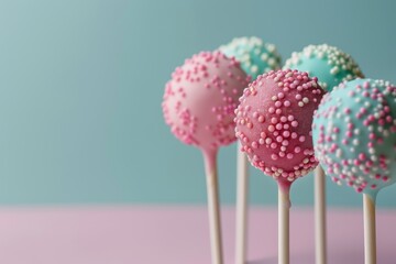 Cake pops sitting alone on the table isolated pastel background Copy space.