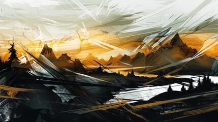Abstract Sunset Landscape with Stylized Mountains and Dynamic Brush Strokes