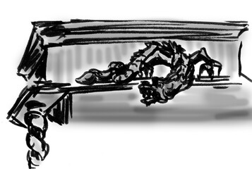 stylized dragon on a wooden console, graphic black and white drawing