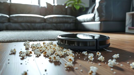 Popcorn all over the floor of the room beneath the modern robot vacuum cleaner