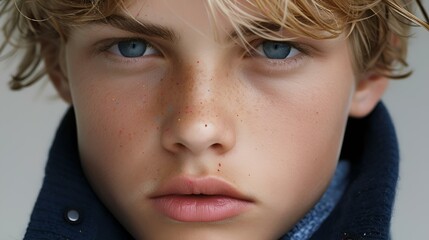 a close up of a person's face with blue eyes