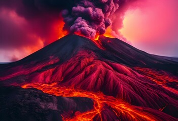 Massive volcano engulfed in molten lava, emitting fiery streams and billows of smoke, AI-generated.