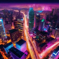 a city at night from above with long exposure light trails - obrazy, fototapety, plakaty