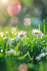 A serene image capturing the essence of spring as daisy flowers glisten in the soft light of sunrise