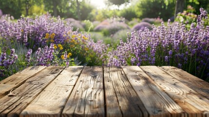 Obraz premium Empty wooden table in Lavender flower park with garden bokeh background and rustic theme, product display template mockup.