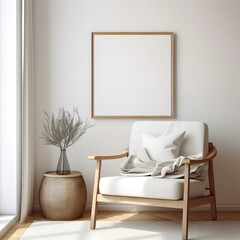 Armchair with empty picture frame mockup and minimal decoration in home with sunlight