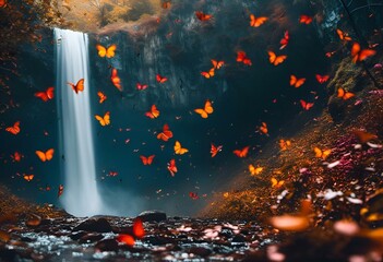 orange butterflies flying around a waterfall in autumn time the image depicts fall colors, fallen