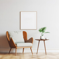 Modern armchair and end table decoration with plant and empty picture frame mockup in home