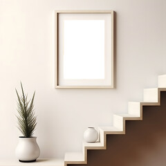 Empty picture frame mockup decoration with tree plant and vase, way up to the second floor