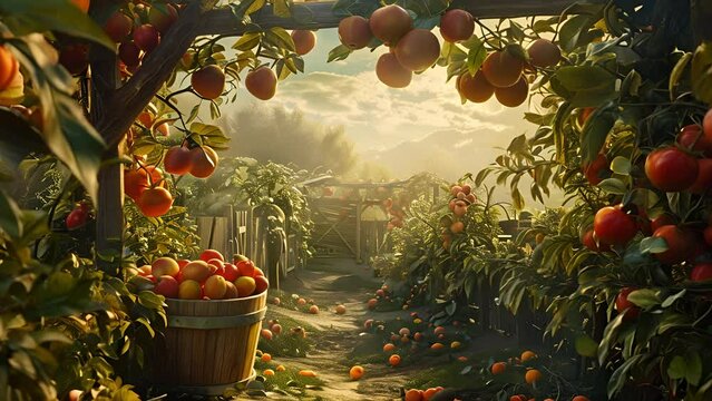 Organic farm fresh tomatoes growing everywhere on vines and trellises with a sunset in the distance