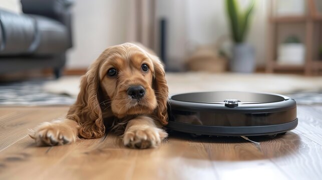 Pet-friendly intelligent vacuum cleaner. Adorable puppy golden cocker spaniel working next to a robot vacuum cleaner. smart technology concept