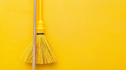 Top view of a plastic broom on a yellow background - obrazy, fototapety, plakaty