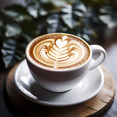 Close-up of a coffee cup with latte art. - obrazy, fototapety, plakaty