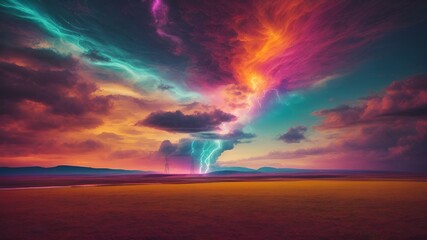 Fototapeta na wymiar AI generated illustration of vibrant clouds painting the sky above a lightning-streaked field