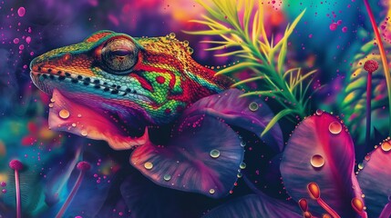 Colorful lizard perched on leaf-covered ground, AI-generated.