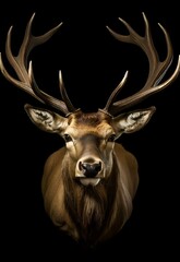AI generated illustration of close-up of a deer with antlers on a black background