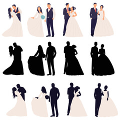 bride and groom silhouette on white background vector - 781956368