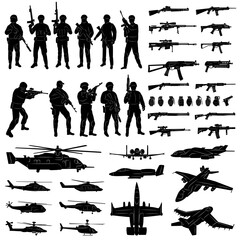 soldiers, weapons, military helicopters and airplanes military set of silhouettes on a white background vector