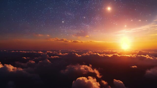 Sunrise Above  Flowing Clouds and Starry Night Sky