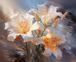 AI-generated illustration of white lilies against an abstract backdrop