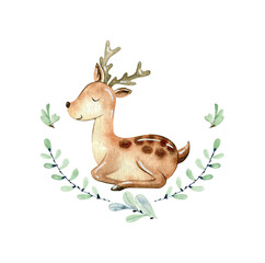 Vector watercolor composition with cute deer on a white background. Nursery poster. Woodland summer design. - 781956564