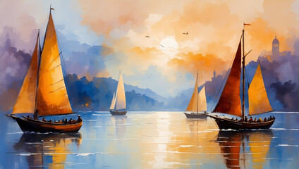 Sailboat gliding gracefully on tranquil waters as the sun dips below the horizon in a serene sunset scene - obrazy, fototapety, plakaty