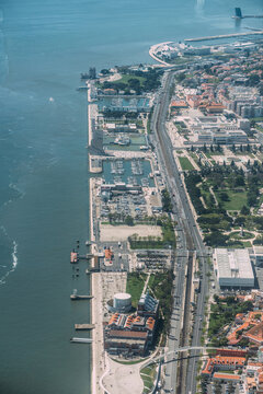 Aerial view of Belem tower - Torre de Belem in Lisbon, Portugal