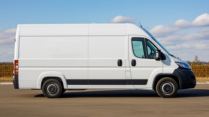 side view of a modern white color delivery van in white background, vehicle branding mock up in white blank background space