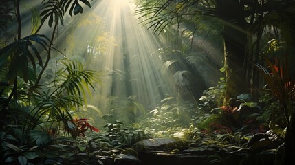 an outdoor walkway through the jungle near trees and plants with light streaming out of the - obrazy, fototapety, plakaty