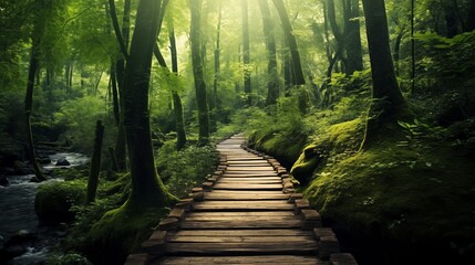 a wooden pathway is leading through the forest in the sun