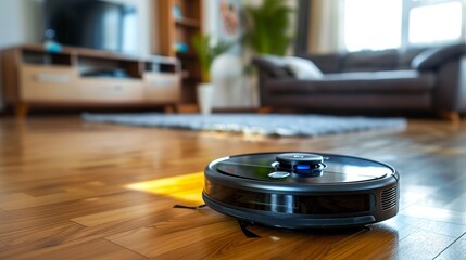 Vacuum cleaner robot for laminate floors in the living room - obrazy, fototapety, plakaty