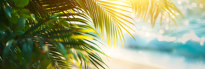 Fototapeta na wymiar Sunny tropical beach with bright sunlight filtering through palm leaves, creating a serene and inviting vacation backdrop in vibrant colors