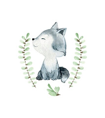 Watercolor composition with cute wolf on a white background. Nursery poster. Woodland summer design. - 781957133