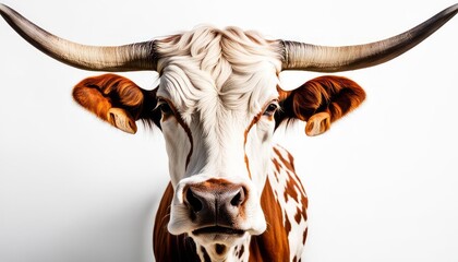 a close up of a cow with long horns on a white wall - obrazy, fototapety, plakaty