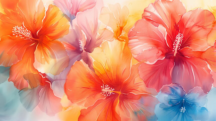 Close-up of vibrant, hand-drawn flowers, watercolor in pastel shades, capturing natures quiet beauty