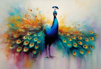 an oil painting of a peacock with bright feathers and yellow tips