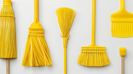 Set against a white backdrop with yellow brooms