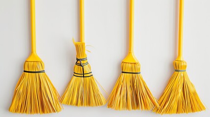 Set against a white backdrop with yellow brooms - obrazy, fototapety, plakaty