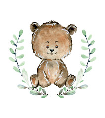 Watercolor composition with cute bear on a white background. Nursery poster. Woodland summer design. - 781957791