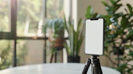 A blank-screen smartphone is fixed to a tripod on an indoor white table. Mockup for design