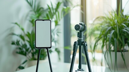A blank-screen smartphone is fixed to a tripod on an indoor white table. Mockup for design