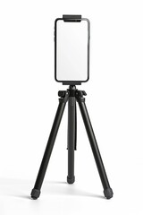 Isolated smartphone on a tripod camera with a blank screen against a white backdrop