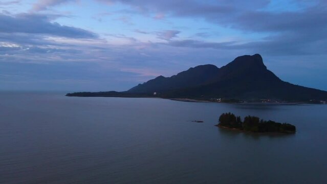 Aerial video of a beautiful sunset at Pasir Pandak beach, Santubong Sarawak, Malaysia