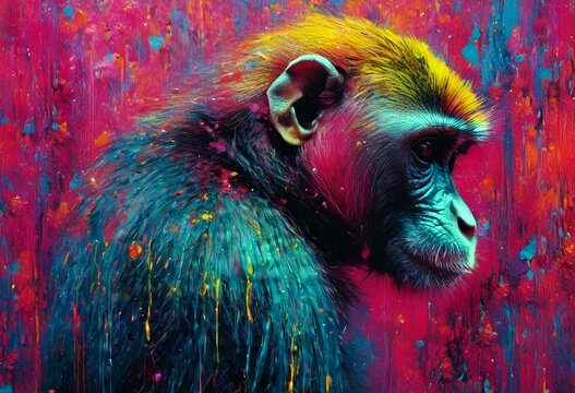 a colorful monkey's head, with paint splats all over it